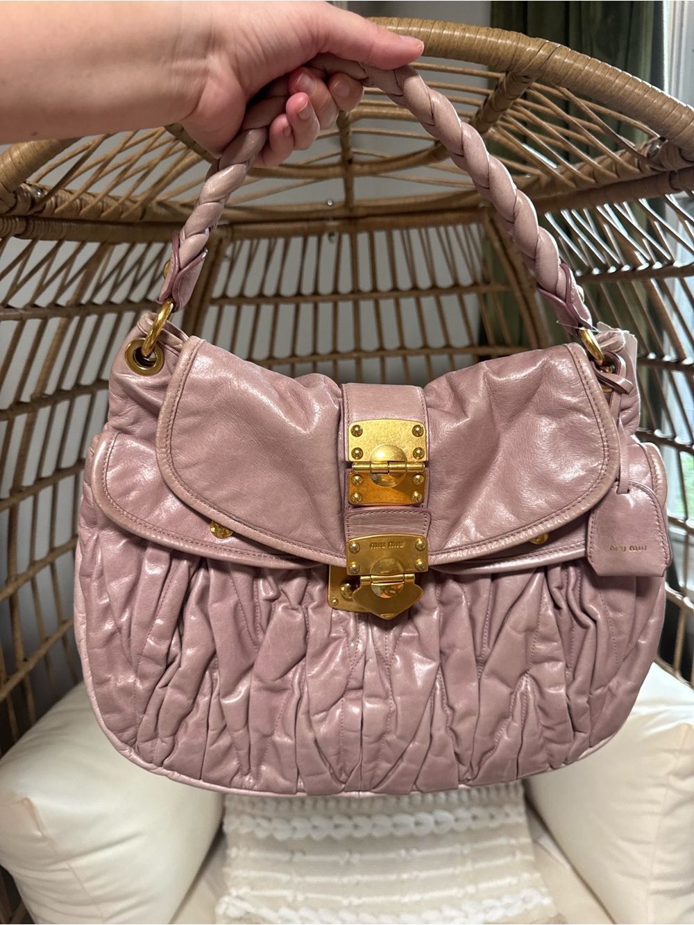 Miu Miu Neutral Pink Matelassé Coffer Hobo Bag w/ Strap - Picture 4 of 16